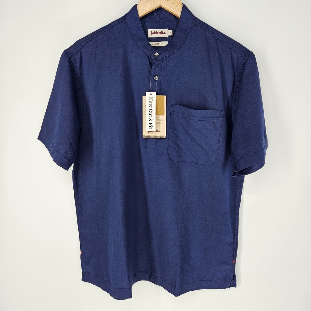 Fabindia Mens Medium M Blue Kurta Tunic Button Silk Blend Indian Shirt NEW
